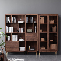 Nordic Black Walnut Wood Solid Wood Bookcase Floor Glass Display Cabinet Combined Day Style Bookcase Containing Shelf Bookcase