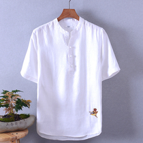 Chinese style summer new mens shirt linen casual loose upper clothes buckle embroidered cotton linen white shirt