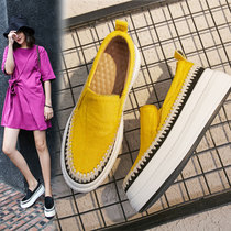 2021 Korean spring and autumn leather horse hair pine cake thick sole pedal loafer shoes womens casual round shoes lazy shoes