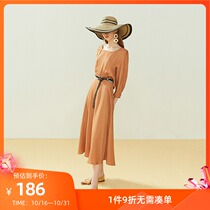 Lily summer new vintage style brown square collar waist long dress women 119220C7125