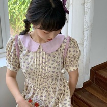 2021 spring new Korean version of waist temperament long skirt doll collar Joker short sleeve floral dress women