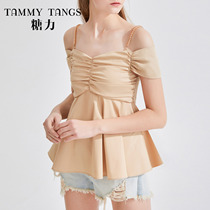 (Shopping mall same model) Sugar Power summer new khaki bead chain suspender slim short shoulder top female