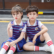 Childrens summer short-sleeved shorts girl skirt school uniform Primary School stripe T-shirt sports suit