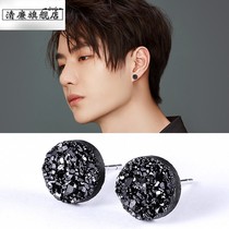 Pure silver earbuds male wave black single Korean mens minimalist personality temperament Crystal cluster online red student female earrings