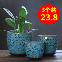 Flower-pot ceramic Three sets with trays Chinese Wind creative personality Large green Lotte Price clear cabin Chandelia Multi Meat Basin