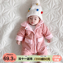 Baby childrens one-piece clothes baby down cotton clothes spring and autumn clothes set thick pajamas autumn and winter thick out to keep warm