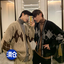 HUALUN retro college style sweater mens cardigan couple sweater Korean version of the tide student cardigan loose jacket
