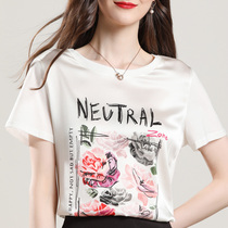 Heavy weight silk short sleeve women 2020 new summer dress round neck printed silk silk stitching loose T-shirt top tide