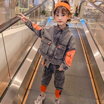 Girls Spring and Autumn 2020 New Childrens Clothing Net Red Air Denim Set Big Children Childrens Autumn Sports Two-piece Set