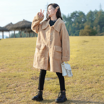 Girls autumn coat 2022 new middle-aged childrens autumn and winter thickened foreign style fur all-in-one velvet mid-length windbreaker trend