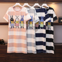 Striped Sleeping Skirt Woman Summer Short Sleeve Pure Cotton Fat MM200 Catty Overweight overweight pyjamas Long style Loose Fat Girl Girl