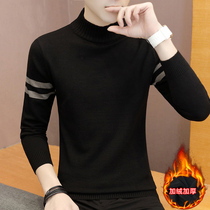 Autumn and winter sweater mens semi-high collar velvet thickened section of the middle collar base sweater stripes warm trend line clothing