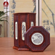 Redwood carving crafts red and sour branches embedded boxwood carved hexagonal tea cans tea tube distribution gift brocade box