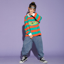 Children Street Dance Costumes Girls Handsome Young Kids Hiphop Hip Hop Trend Loose Striped Sweater Suit Jazz Suit