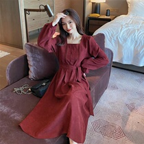  Spring and summer 2021 new corduroy square collar long-sleeved dress female Korean waist French retro winter skirt