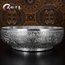 Tibetan Buddhism S999 pure silver silver basin Buddhist supplies for the basin Hand carved eight treasures Buddha Hall water supply basin