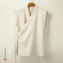  Chinese style linen vest Mens sleeveless waistcoat Improved Hanfu ancient costume Cotton and linen Tang costume Chinese mens oblique lapel top