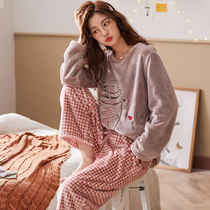 Home home ~ ji Jane pattern ~ texture giant good coral fleece cute sweet pajamas women autumn and winter padded two-piece set