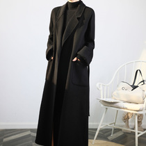 Hepburn style black thin double-sided cashmere coat Womens long lace-up nightgown Full wool coat winter