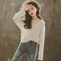 Girls foreign style V collar lazy wind knitwear loose thin sweater 2021 Spring and Autumn New Child Base shirt tide