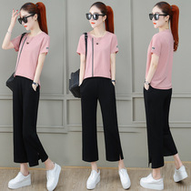 New Sports Leisure set female summer Korean version of temperament round neck T-shirt wide leg straight tube ankle-length pants two-piece set