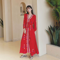 Ethnic style dress seaside vacation bohemian embroidered long dress size womens Hainan Sanya beach dress fairy