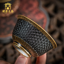 Jingdezhen ceramic handmade old black glaze gold carved flower master cup Kung Fu tea cup Household single large tea bowl