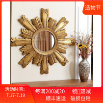 European luxury antique gold wood carving decorative mirror Sun entrance mirror Foyer Living room wall hanging mirror Dining edge mirror custom