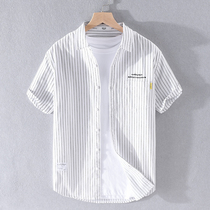 Summer Japanese thin striped short sleeve shirt men loose casual cotton half sleeve shirt white inch shirt top