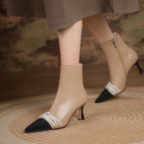 Fan-style small short boot female spring autumn single boot pearl custard autumn winter plus suede temperament high heel white genuine leather boots