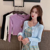 Gentle wind wooden ear-edged knitted cardigan with suspenders and thin air-conditioned shirt womens autumn ice silk small jacket