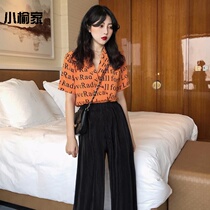 Summer light ripening womens net red suit Hong Kong flavor short sleeve shirt falling feeling wide leg pants two-piece pants Foreign Air Age