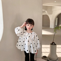  Girls doll shirt 2021 spring and autumn Korean version of childrens baby long-sleeved polka dot round neck loose Japanese fresh top trend