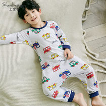 Shangbaomai autumn new boy one-piece pajamas pure cotton thin childrens pajamas boys anti-cold belly home clothes