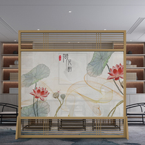 New Chinese style screen partition Office hotel living room entrance double-sided landscape painting solid wood mobile seat screen decoration