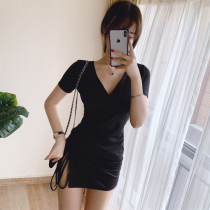 2020 spring new temperament sexy V-neck small black dress drawstring strap short-sleeved slim thin hip dress