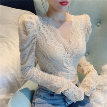 Lace base shirt womens 2021 summer new sexy low collar foreign style wild bubble sleeve court wind top