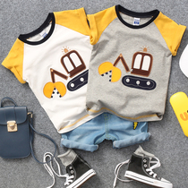 2021 summer childrens 2-color cartoon excavator short-sleeved T-shirt boy baby half-sleeved T-shirt tide childrens bottoming shirt