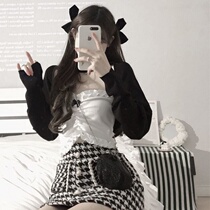 Retro black and white girl suit design feel neck top female slim blunt collar coat bow chest