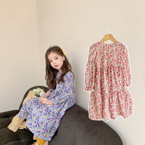  Girls  long-sleeved floral dress 2021 spring Korean version of childrens and womens baby bubble sleeve large skirt hem with long skirt tide