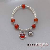Present Year Gifts Female S925 pure silver bracelet natural red agate transfer bilayer bracelet bestie gift