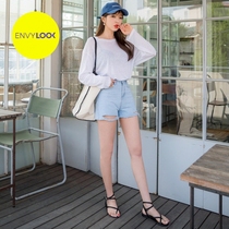 Korean 22xxENVYLOOK high waist broken hole skin denim shorts