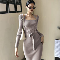 Design Sense Strap Long Sleeves Knit Skirt Woman Mid bag Hip Sexy Explicit slim open fork Dress Temperament 100 hitch