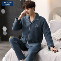 Pajamas men autumn and winter cotton sandwich air cotton youth winter cardigan thickened warm home clothing set