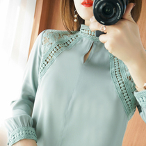 2020 new spring and summer silk shirt womens round neck lace hollow top shirt shirt pullover long sleeve mulberry silk shirt