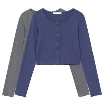 Huang no trouble slim short solid color knitted top female 2021 Spring and Autumn new single-breasted slim long sleeve cardigan