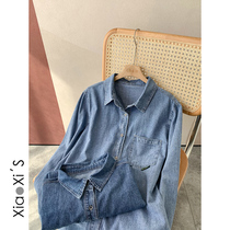 Xiao Xijia) two-color letter wild shirt female students loose blue Hong Kong flavor retro denim shirt coat tide