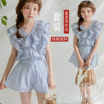 Girls suit Korean summer 2021 new middle and big childrens foreign-style sweet lotus pinstripe two-piece tide dress