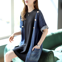 Baoshili medium-long knitted stitching denim short-sleeved dress womens summer 2021 new loose temperament skirt