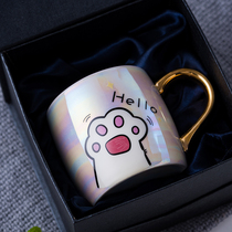 Japanese Cup ceramic mug female water cup gift box creative cute cat claw couple coffee cup with lid with spoon